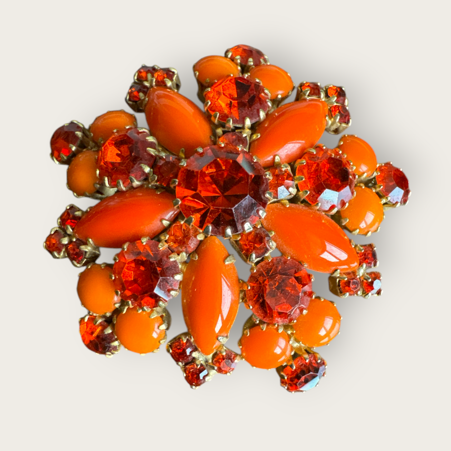 Vintage Orange Glass Domed Brooch – 2” Gold-Tone Round Statement Pin