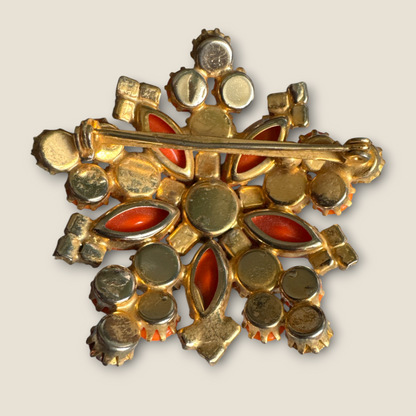 Vintage Orange Glass Domed Brooch – 2” Gold-Tone Round Statement Pin