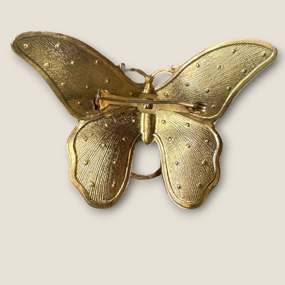 Vintage Iridescent Glass Butterfly Brooch – Domed Cabochon on Gold-Tone Wings