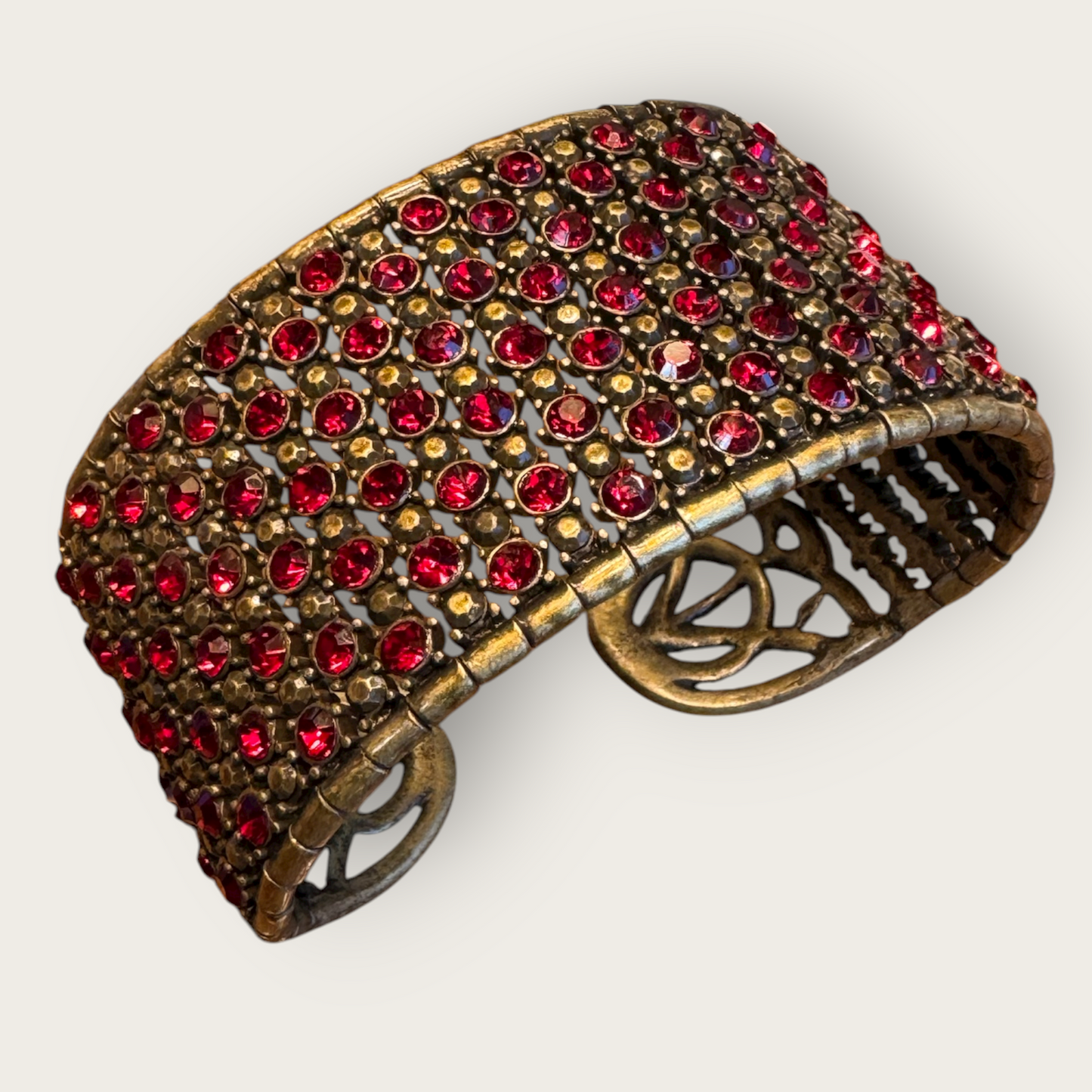 Vintage Monet Expanding Wide Bracelet with Red Rhinestones – Statement Runway Jewelry