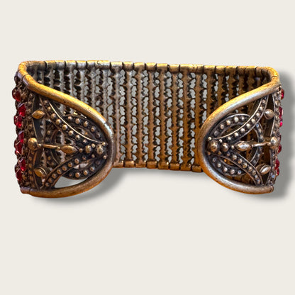 Vintage Monet Expanding Wide Bracelet with Red Rhinestones – Statement Runway Jewelry