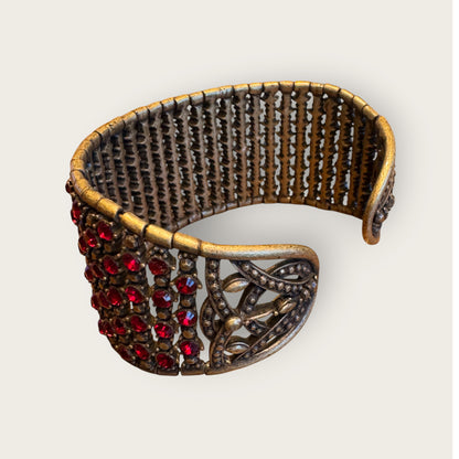 Vintage Monet Expanding Wide Bracelet with Red Rhinestones – Statement Runway Jewelry