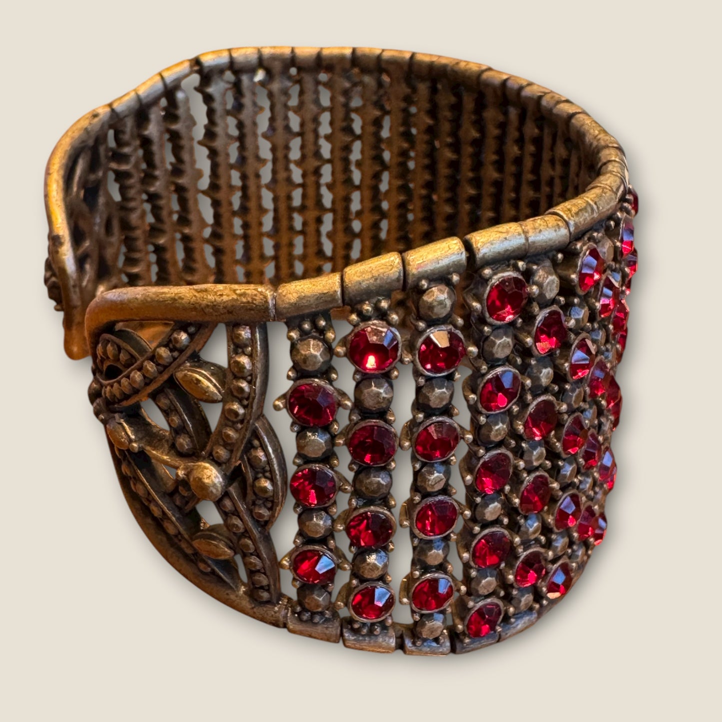 Vintage Monet Expanding Wide Bracelet with Red Rhinestones – Statement Runway Jewelry