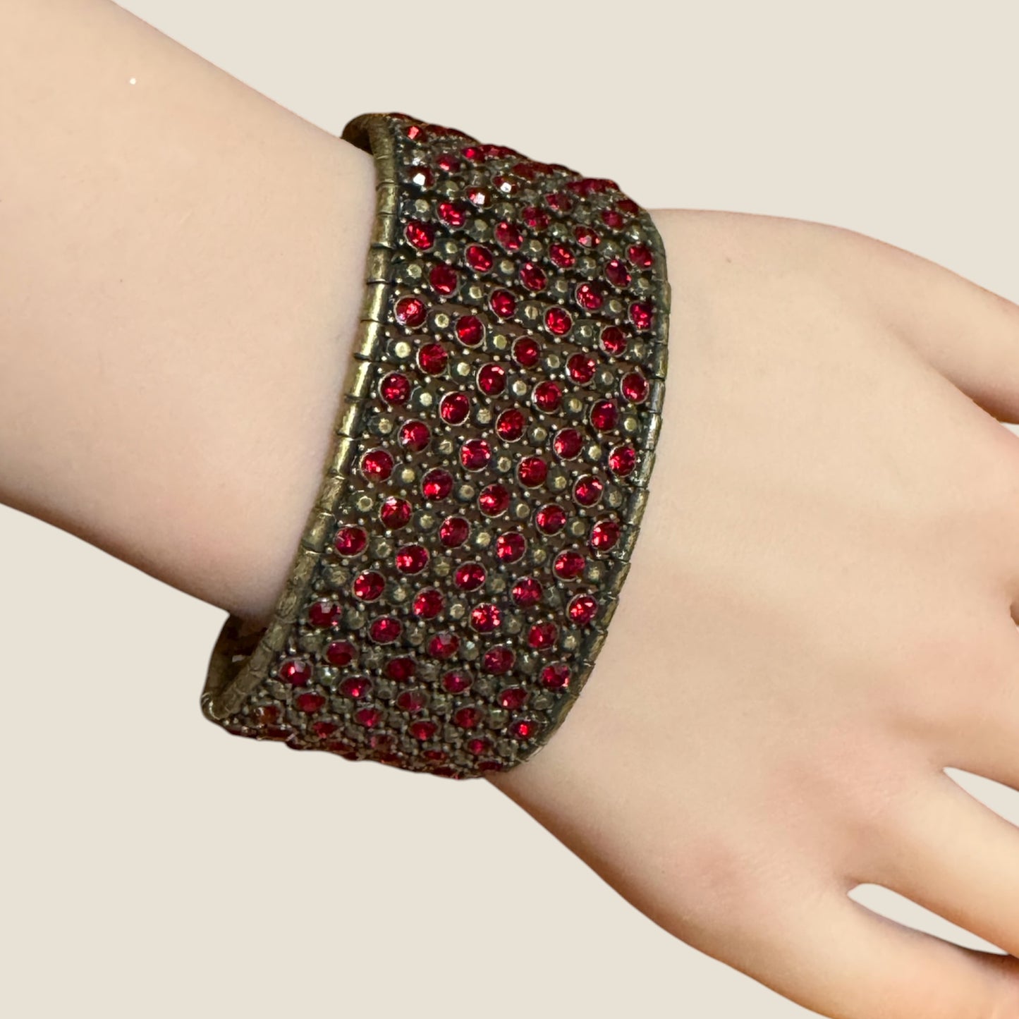 Vintage Monet Expanding Wide Bracelet with Red Rhinestones – Statement Runway Jewelry