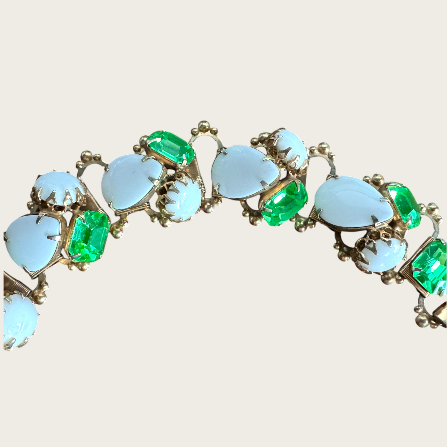 Vintage Uranium Glass & Opaque Pear Cabochon Panel Bracelet – Mid-Century Designer Style, Antique Gold Tone (6¼”)