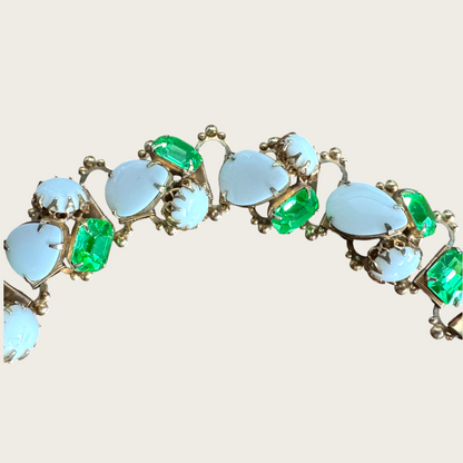 Vintage Uranium Glass & Opaque Pear Cabochon Panel Bracelet – Mid-Century Designer Style, Antique Gold Tone (6¼”)