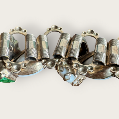 Vintage Uranium Glass & Opaque Pear Cabochon Panel Bracelet – Mid-Century Designer Style, Antique Gold Tone (6¼”)