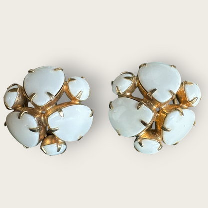 Vintage Opaque Pear & Round Cabochon Cluster Earrings – Mid-Century Statement Clip-Ons, Designer Quality (1¼”)
