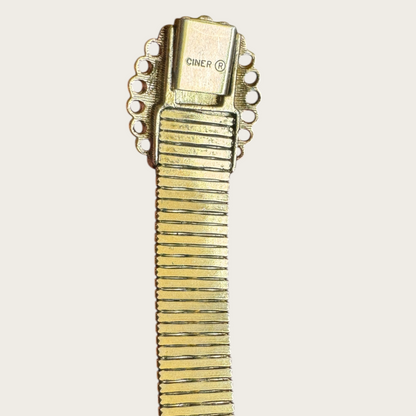 Vintage Ciner Mother of Pearl Cabochon & Gold Ribbon-Link Bracelet – Mid-Century Designer Signed (7”)