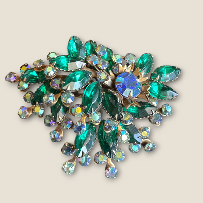 Vintage Emerald Navette & Aurora Borealis Rhinestone Spray Brooch – Large Mid-Century Statement