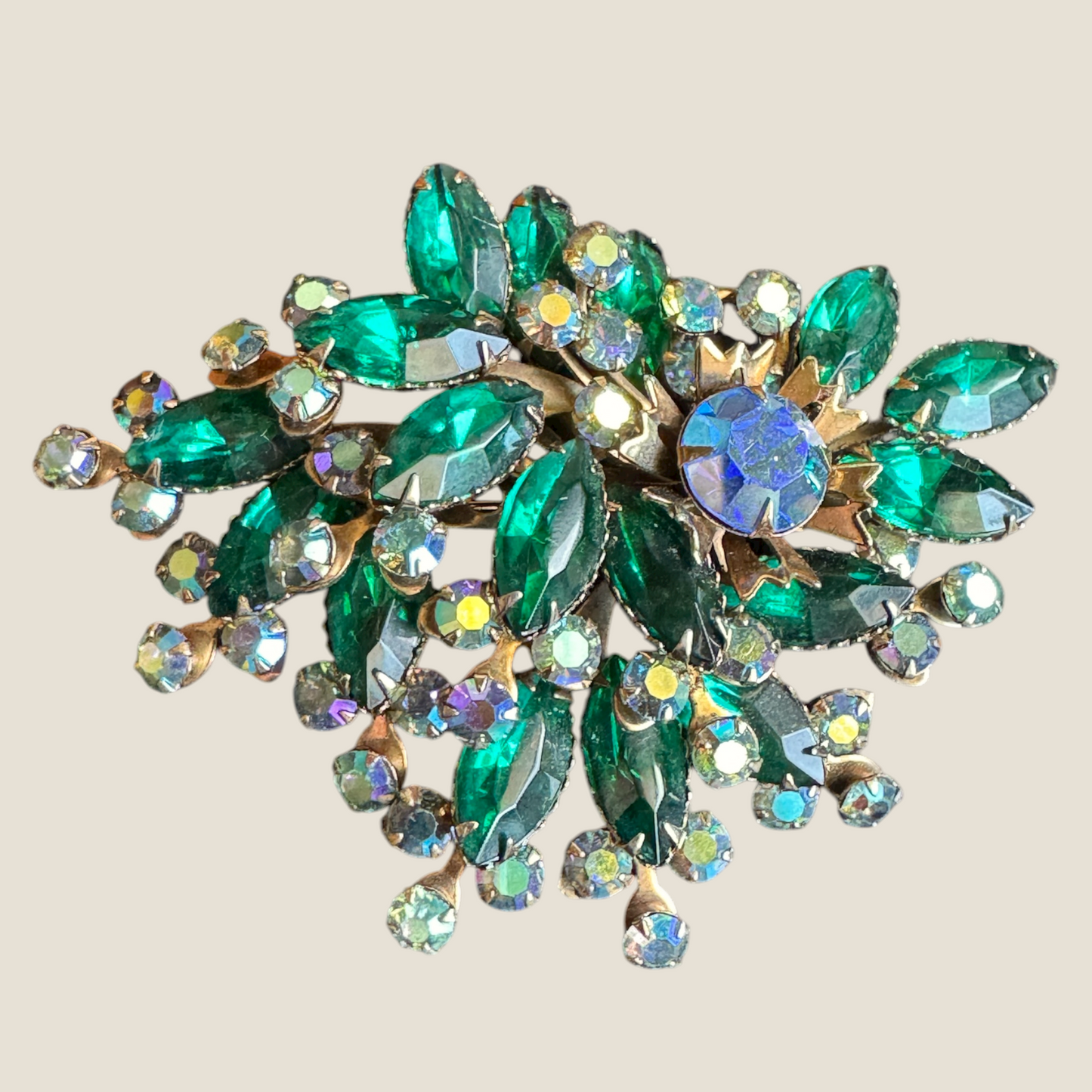 Vintage Emerald Navette & Aurora Borealis Rhinestone Spray Brooch – Large Mid-Century Statement