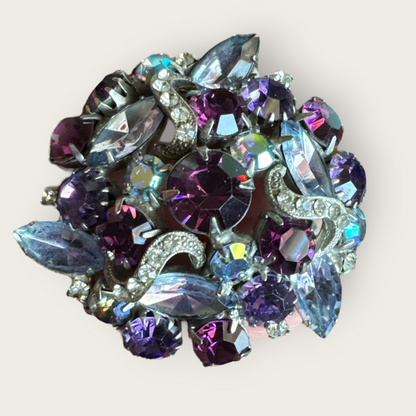 Mid-Century Purple and Aurora Borealis Domed Rhinestone Brooch