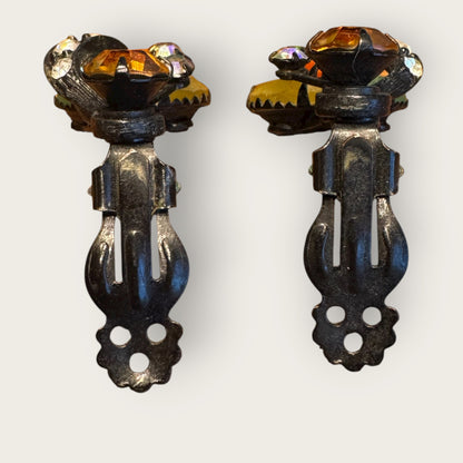 Vintage Japanned Rhinestone Earrings in Fall Tones – Unsigned 1940s–1950s