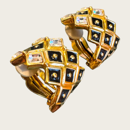 Swarovski Vintage Gold-Tone Enamel & Crystal Clip-On Earrings with Swan Hallmark