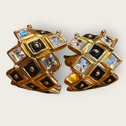 Swarovski Vintage Gold-Tone Enamel & Crystal Clip-On Earrings with Swan Hallmark