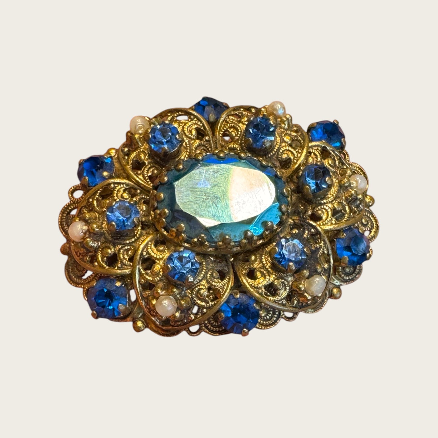 Vintage 1930s Germany Brass Filigree Brooch with Blue Rhinestones and Faux Pearls – Ornate Pre-War Pin
