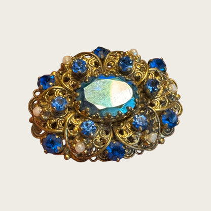 Vintage 1930s Germany Brass Filigree Brooch with Blue Rhinestones and Faux Pearls – Ornate Pre-War Pin