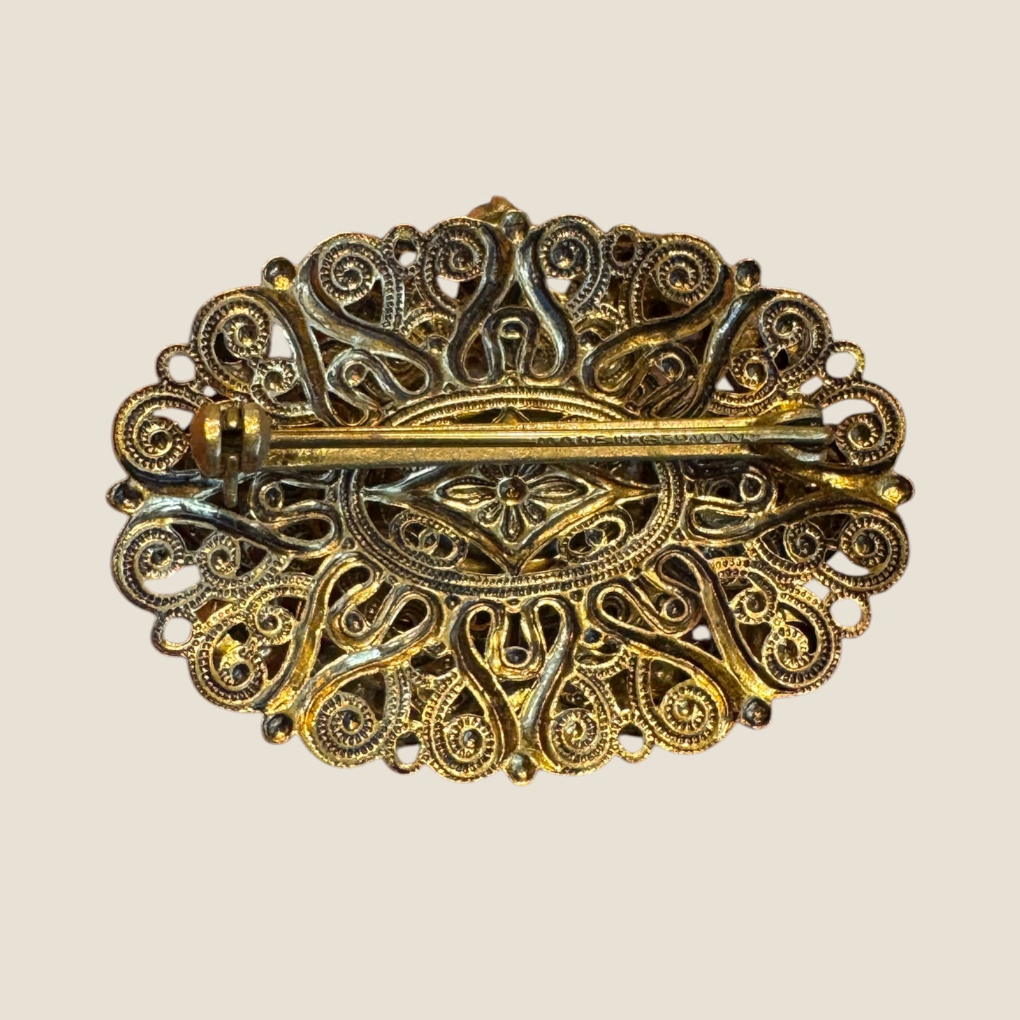 Vintage 1930s Germany Brass Filigree Brooch with Blue Rhinestones and Faux Pearls – Ornate Pre-War Pin