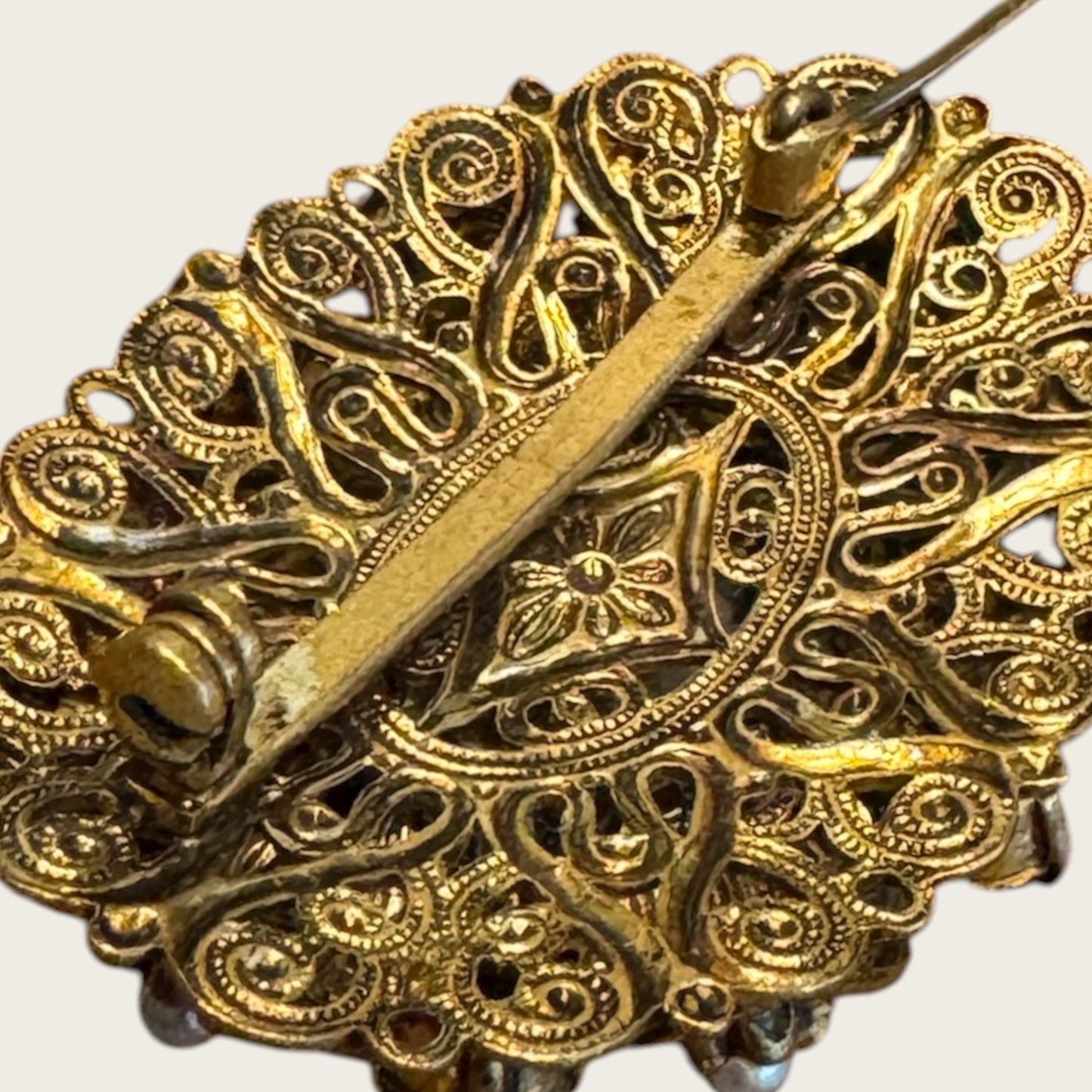 Vintage 1930s Germany Brass Filigree Brooch with Blue Rhinestones and Faux Pearls – Ornate Pre-War Pin