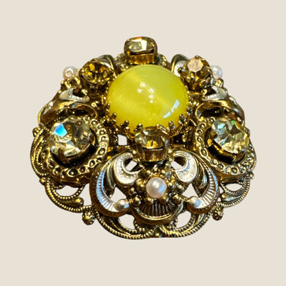 Vintage 1930s Germany Domed Filigree Brooch with Yellow Cat’s Eye Cabochon – Pre-War Statement Pin