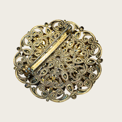 Vintage 1930s Germany Domed Filigree Brooch with Yellow Cat’s Eye Cabochon – Pre-War Statement Pin