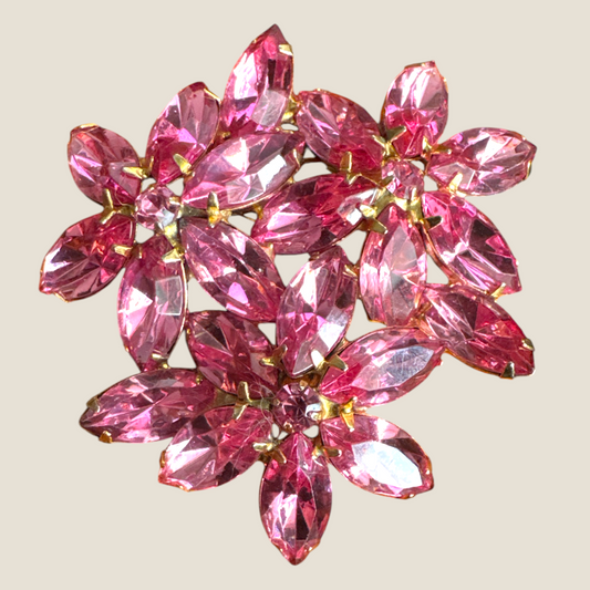 Vintage Pink Rhinestone Floral Bouquet Brooch – Mid-Century Layered Navette Statement Pin