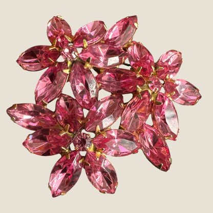 Vintage Pink Rhinestone Floral Bouquet Brooch – Mid-Century Layered Navette Statement Pin