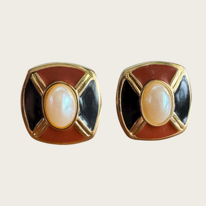 E. Pearl Vintage Enamel & Pearlized Cabochon Earrings