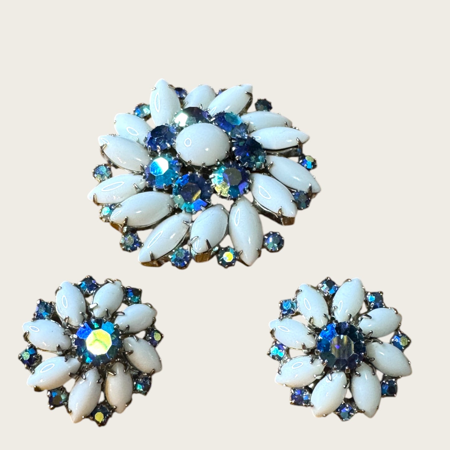 Weiss Blue Aurora Borealis & Milk Glass Brooch and Earrings Set
