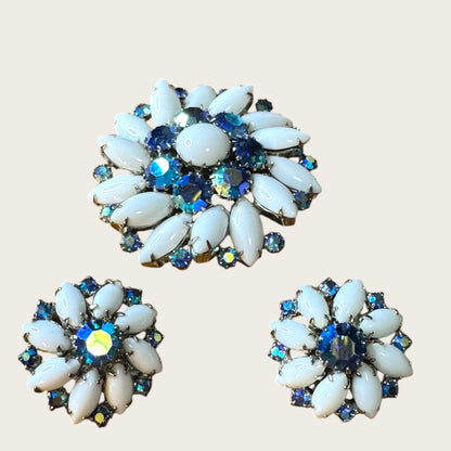 Weiss Blue Aurora Borealis & Milk Glass Brooch and Earrings Set
