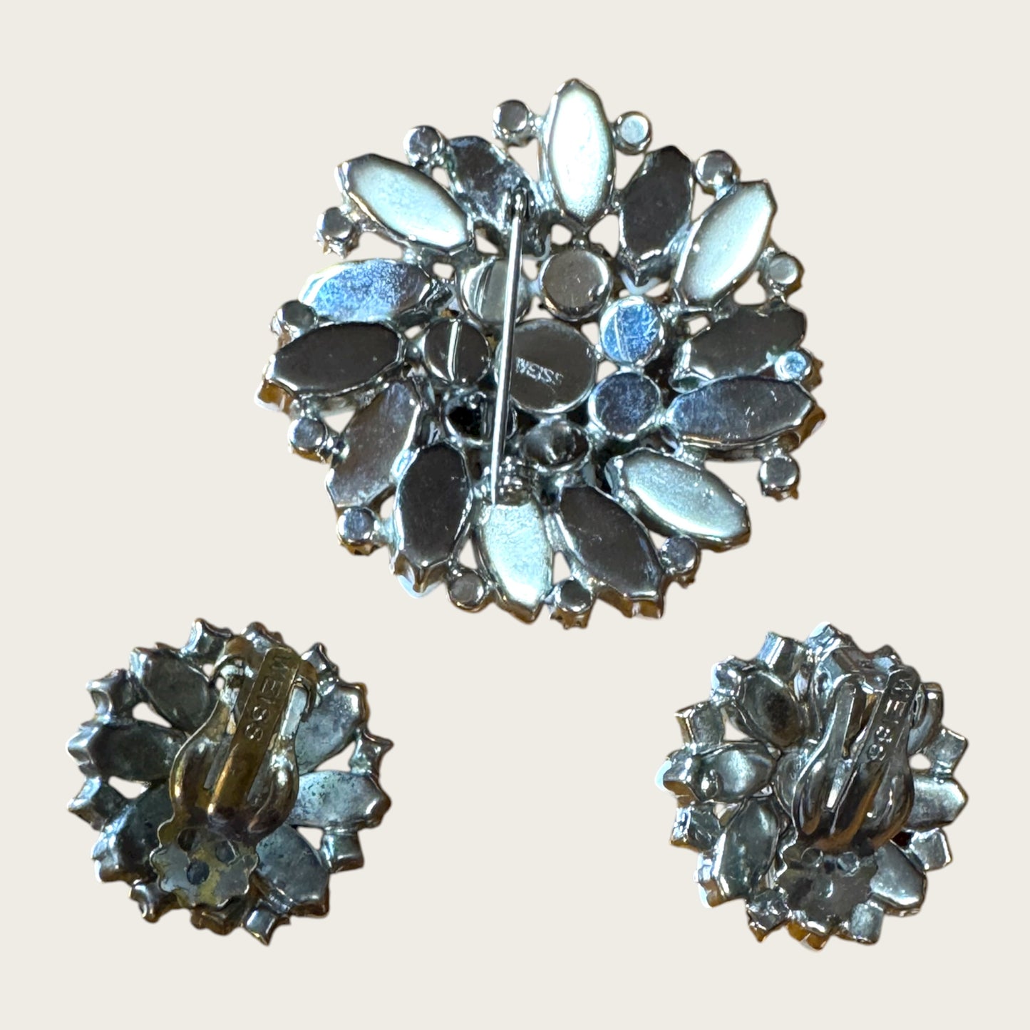 Weiss Blue Aurora Borealis & Milk Glass Brooch and Earrings Set