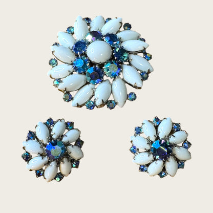 Weiss Blue Aurora Borealis & Milk Glass Brooch and Earrings Set
