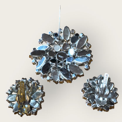 Weiss Blue Aurora Borealis & Milk Glass Brooch and Earrings Set