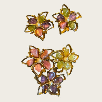 Vintage Swoboda Amethyst & Quartz Floral Brooch & Earrings Set with Real Pearls – Signed
