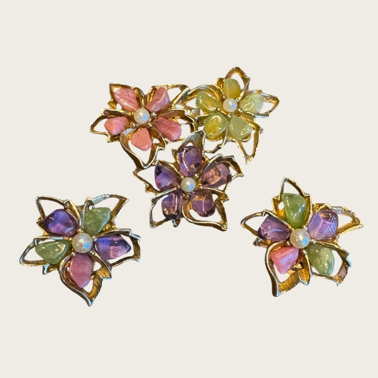 Vintage Swoboda Amethyst & Quartz Floral Brooch & Earrings Set with Real Pearls – Signed