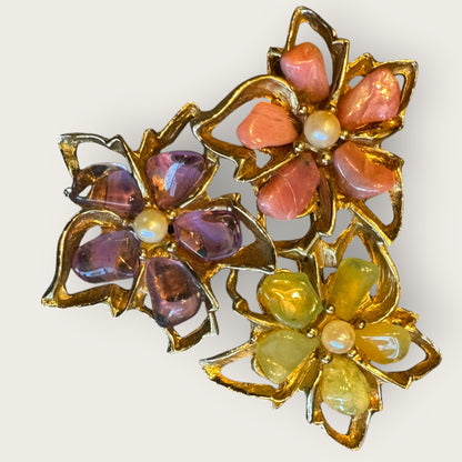 Vintage Swoboda Amethyst & Quartz Floral Brooch & Earrings Set with Real Pearls – Signed