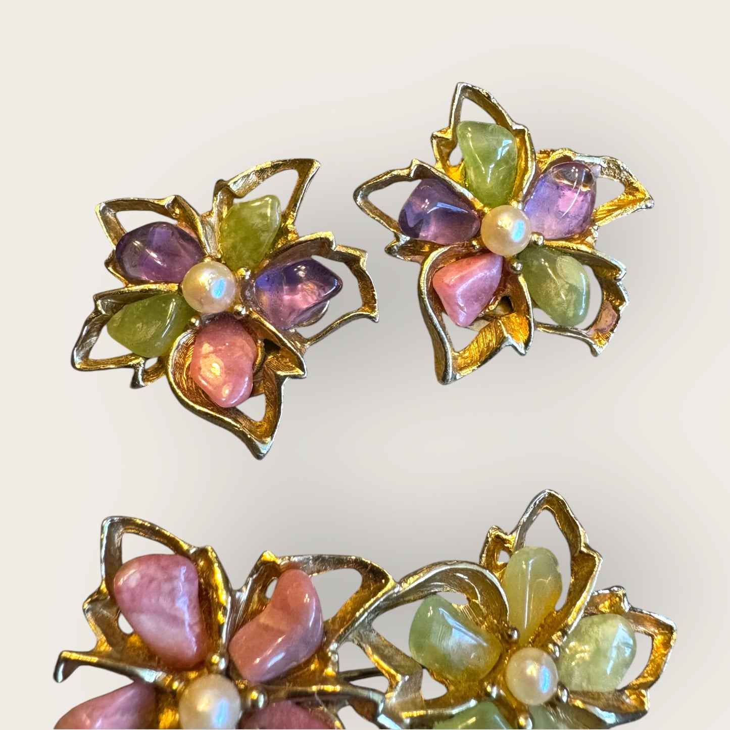 Vintage Swoboda Amethyst & Quartz Floral Brooch & Earrings Set with Real Pearls – Signed