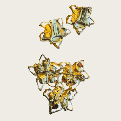 Vintage Swoboda Amethyst & Quartz Floral Brooch & Earrings Set with Real Pearls – Signed