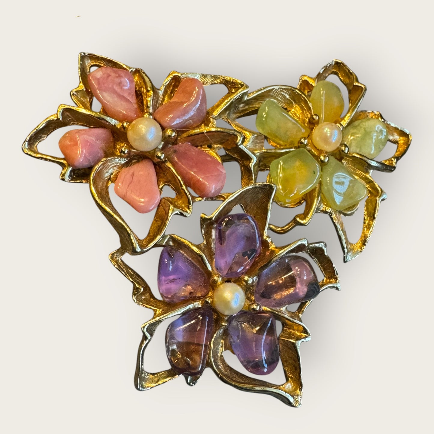 Vintage Swoboda Amethyst & Quartz Floral Brooch & Earrings Set with Real Pearls – Signed