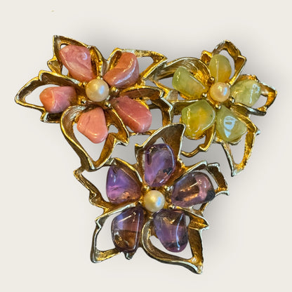 Vintage Swoboda Amethyst & Quartz Floral Brooch & Earrings Set with Real Pearls – Signed