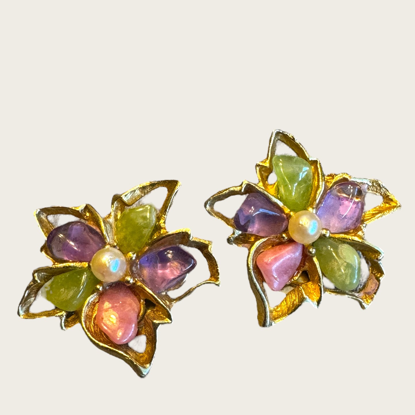 Vintage Swoboda Amethyst & Quartz Floral Brooch & Earrings Set with Real Pearls – Signed