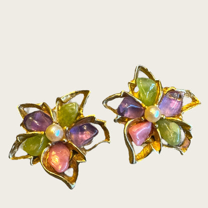 Vintage Swoboda Amethyst & Quartz Floral Brooch & Earrings Set with Real Pearls – Signed