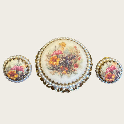 Mid-Century West Germany Floral Demi-Parure – Porcelain Transfer Brooch & Clip Earrings with Faux Pearl Filigree, c.1950s–1960s