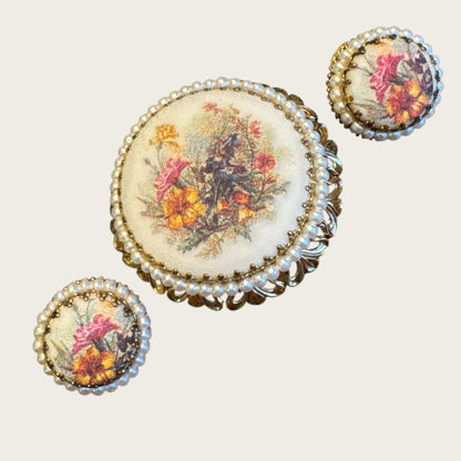 Mid-Century West Germany Floral Demi-Parure – Porcelain Transfer Brooch & Clip Earrings with Faux Pearl Filigree, c.1950s–1960s