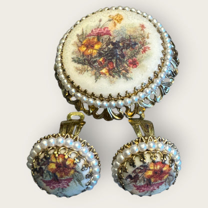Mid-Century West Germany Floral Demi-Parure – Porcelain Transfer Brooch & Clip Earrings with Faux Pearl Filigree, c.1950s–1960s