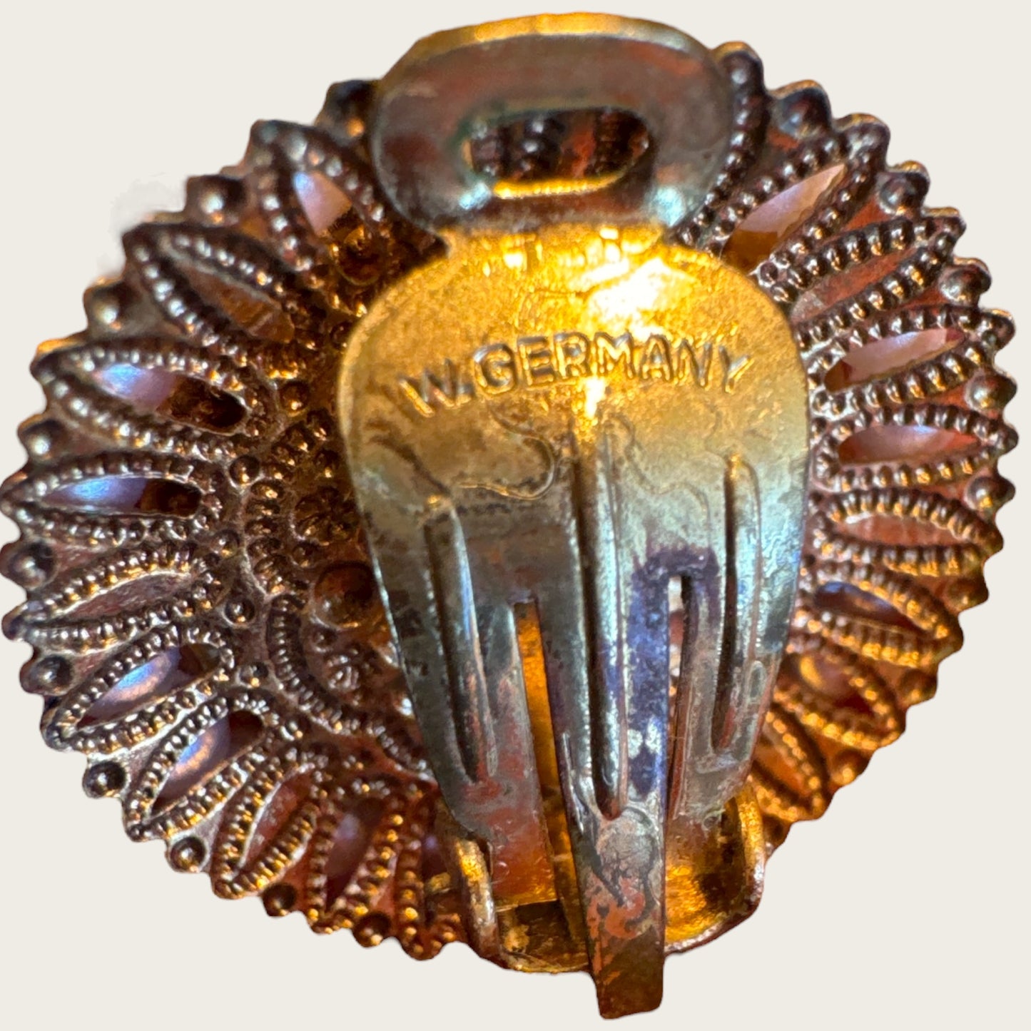 Mid-Century West Germany Floral Demi-Parure – Porcelain Transfer Brooch & Clip Earrings with Faux Pearl Filigree, c.1950s–1960s