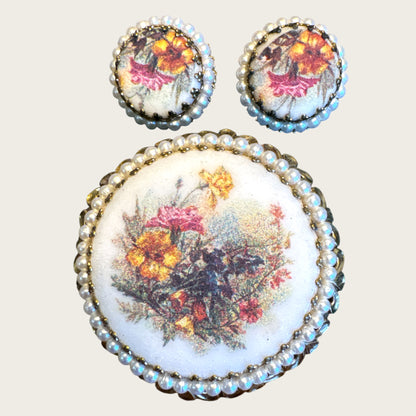 Mid-Century West Germany Floral Demi-Parure – Porcelain Transfer Brooch & Clip Earrings with Faux Pearl Filigree, c.1950s–1960s