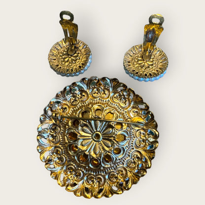 Mid-Century West Germany Floral Demi-Parure – Porcelain Transfer Brooch & Clip Earrings with Faux Pearl Filigree, c.1950s–1960s