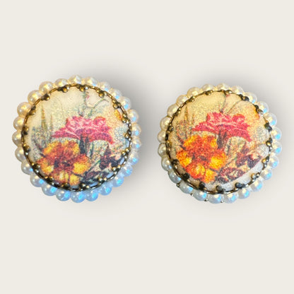 Mid-Century West Germany Floral Demi-Parure – Porcelain Transfer Brooch & Clip Earrings with Faux Pearl Filigree, c.1950s–1960s
