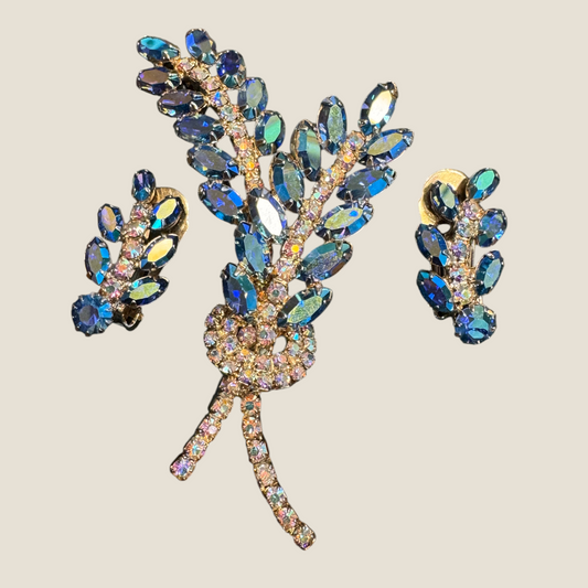 Vintage Aurora Borealis Rhinestone Wheat Spray Brooch & Earrings Set